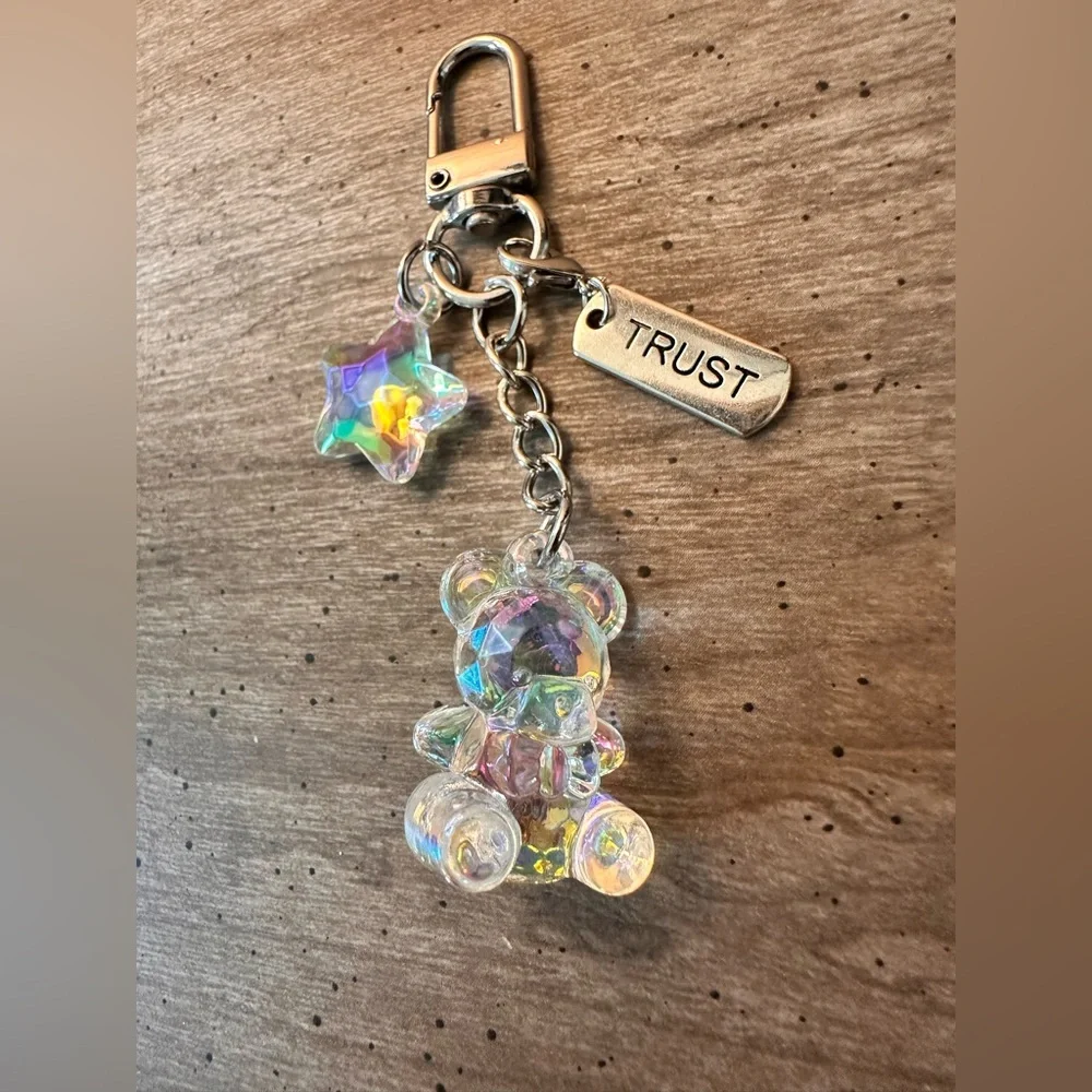 Iridescent Bear Keychain with Star and Trust Charm